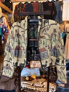 New Identity Tapestry Jacquard Cropped Jacket - Cream, Brown, Green, Blue